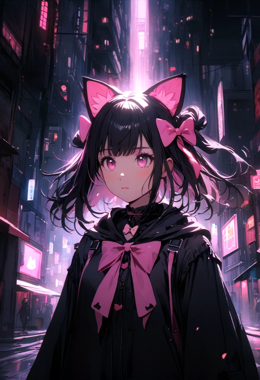 Girl with straight black hair wears pink and a cat bow in her hair