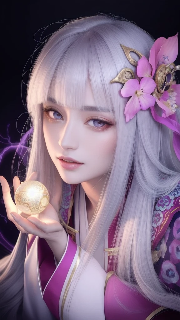 (masterpiece, top quality, 1 female, solo, exquisite details, chromatic aberration), (realistic), (skin), ((breathing)), (silver hair, blunt bangs, cropped straight long hair, short bangs, silver hair), beautiful hair, red headdress, highlights, hair on one eye, beautiful eyes, purple eyes, thick lips, earrings, piercing eyes, ((gold and white kimono)), ((symmetrical eyes)), ((perfectly symmetrical body)), ((perfectly symmetrical hands)), (purerosface_v1:0.3), full moon night, ((self, natural light))), bright lighting, flowers blooming in background, in front of viewer, ((central shot, from the front, (face and shoulders))), mysterious atmosphere, colorful flowers blooming around, bright colored background, shrine maiden in kimono, beautiful shrine maiden, Shrine maiden, fantasy female shrine maiden, female fortune telling shrine maiden, fantasy photography, Japanese style, elegant cinematic fantasy art, fantasy woman, sorceress portrait, powerful wizard surrounded by mystical colorful flowers, holding a glowing heart crystal ball, eyes glowing with mystical energy, spells leaking from her mouth, vibrant sorcery vortexes pulsating with rainbow hues appear in the air, magic permeates, flowers bloom, sacred creatures gaze in awe, threads of magical energy dance, reveal hidden realms, unravel secrets, capture the essence of this enchanting moment and bring to life the mystical power of sorcery on a canvas of the highest quality and finest detail. Top quality, masterpiece, ultra high resolution, (photorealistic: 1.4), RAW photo, sharp focus, high resolution, detailed skin.
Flowers blooming all around, bright colored background, fortune teller in kimono, beautiful fortune teller, fortune teller, fantasy female fortune teller, female fortune teller, fantasy photography, Japanese style, fortune teller in kimono, elegant cinematic fantasy art, fantasy woman, magician portrait, fortune teller, powerful wizard surrounded by mystical colorful flowers, holding a glowing heart c