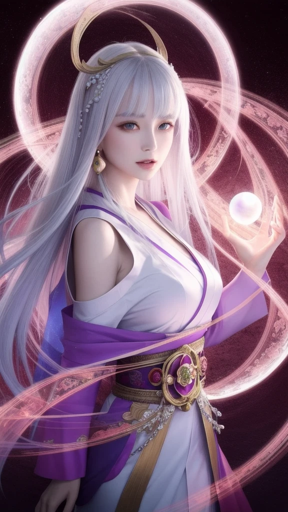 (masterpiece, top quality, 1 female, solo, exquisite details, chromatic aberration), (realistic), (skin), ((breathing)), (silver hair, blunt bangs, cropped straight long hair, short bangs, silver hair), beautiful hair, red headdress, highlights, hair on one eye, beautiful eyes, purple eyes, thick lips, earrings, piercing eyes, ((gold and white kimono)), ((symmetrical eyes)), ((perfectly symmetrical body)), ((perfectly symmetrical hands)), (purerosface_v1:0.3), full moon night, ((self, natural light))), bright lighting, flowers blooming in background, in front of viewer, ((central shot, from the front, (face and shoulders))), mysterious atmosphere, colorful flowers blooming around, bright colored background, shrine maiden in kimono, beautiful shrine maiden, Shrine maiden, fantasy female shrine maiden, female fortune telling shrine maiden, fantasy photography, Japanese style, elegant cinematic fantasy art, fantasy woman, sorceress portrait, powerful wizard surrounded by mystical colorful flowers, holding a glowing heart crystal ball, eyes glowing with mystical energy, spells leaking from her mouth, vibrant sorcery vortexes pulsating with rainbow hues appear in the air, magic permeates, flowers bloom, sacred creatures gaze in awe, threads of magical energy dance, reveal hidden realms, unravel secrets, capture the essence of this enchanting moment and bring to life the mystical power of sorcery on a canvas of the highest quality and finest detail. Top quality, masterpiece, ultra high resolution, (photorealistic: 1.4), RAW photo, sharp focus, high resolution, detailed skin.
Flowers blooming all around, bright colored background, fortune teller in kimono, beautiful fortune teller, fortune teller, fantasy female fortune teller, female fortune teller, fantasy photography, Japanese style, fortune teller in kimono, elegant cinematic fantasy art, fantasy woman, magician portrait, fortune teller, powerful wizard surrounded by mystical colorful flowers, holding a glowing heart c