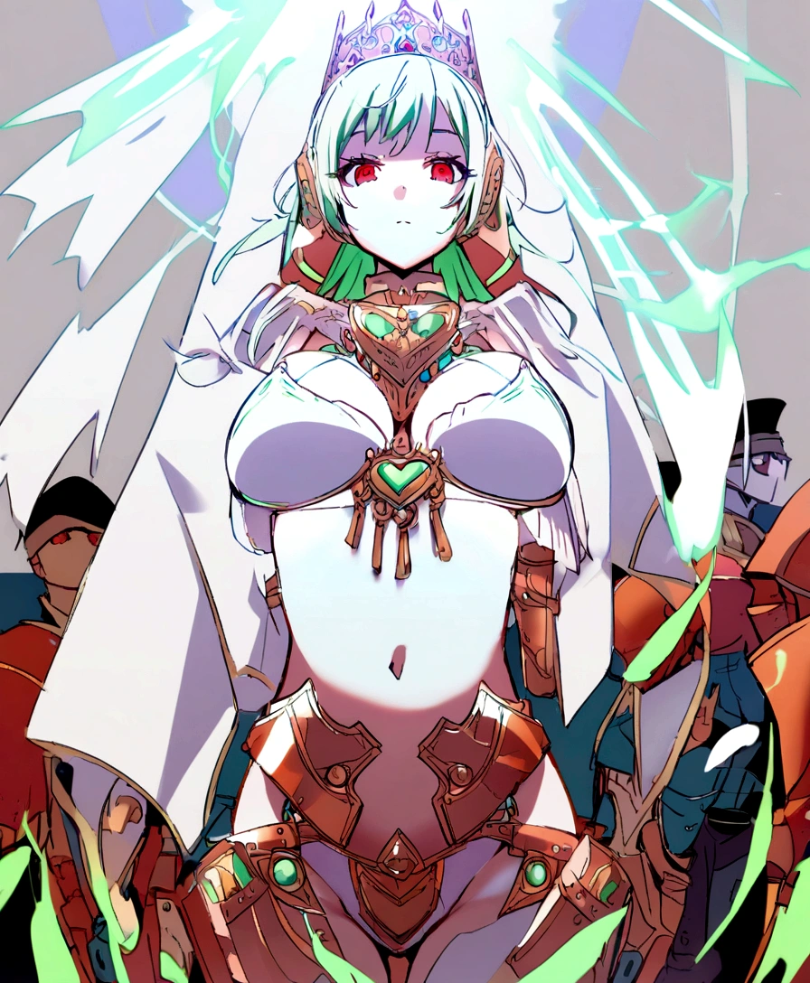 Copper bikini armor, copper crown, bare belly, big breasts, green hair, red eyes, bikini armor, copper, copper automaton, technology