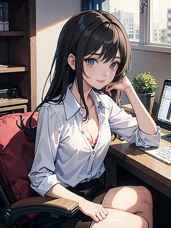 Woman sitting on chair in front of window,office,sitting in front of a computer, A charming office lady, 28 years old,Slender figure,Small breasts,White blouse,clavicle,Cleavage,Pink Bra,detailed Digital anime art, Charming smile, Portrait, Ilya Kuvshinov. 4k yen, Smooth anime CG art, Cute realistic portrait, Beautiful Anime Girls, Digital anime art, Gweiz-style artwork, Cute Anime Girl, sitting in front of a computer,