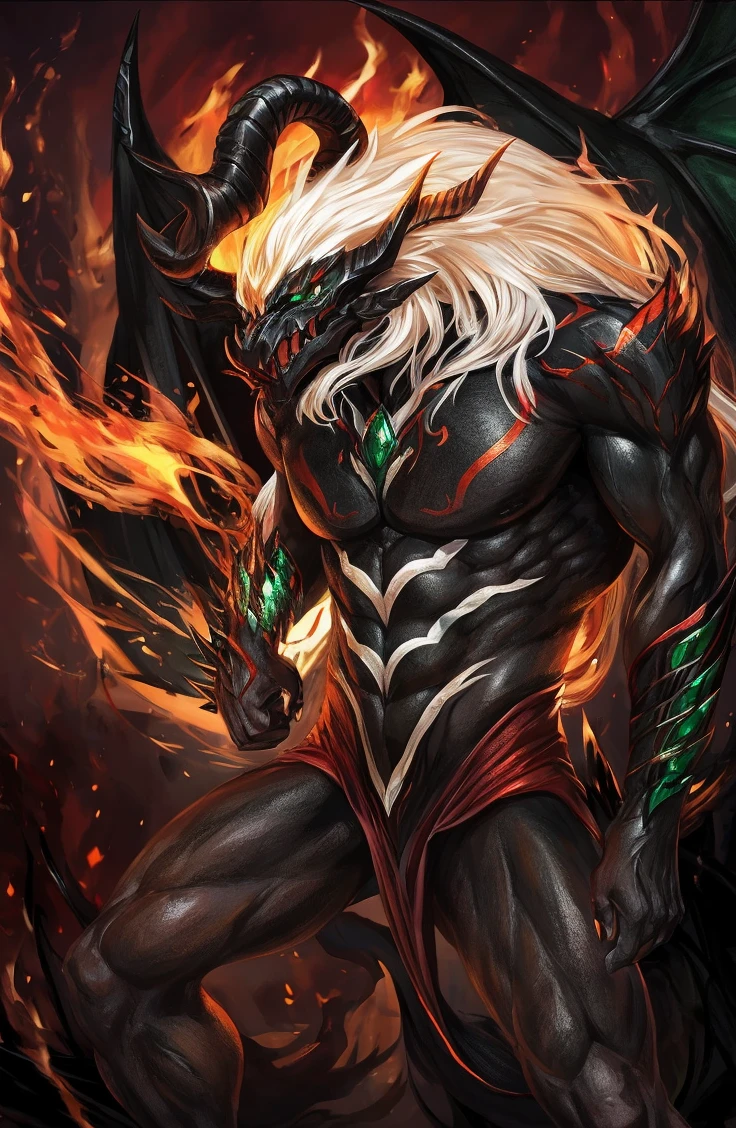 Male character, handsome, dark skin, black wings, wearing a red suit, long white hair, emerald green eyes, his appearance is that of a fire demon, his body is that of a fire demon with giant horns, a bestial body, an intimidating appearance, its appearance is identical to that of the fire demon Ifrit