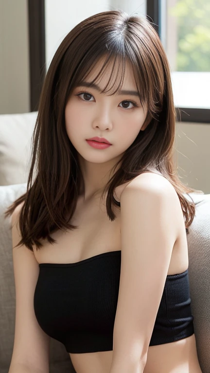 (masterpiece:1.3), (8K), Photorealistic, Raw photo, In the living room where the morning sun shines、Sit on the sofa and relax、Wearing a tube top、Wearing shorts、(Best image quality: 1.4), 23-year-old girl、Super detailed face、Attention to detail、double eyelid、Sharp focus:1.5、Beautiful woman:1.4、Light brown hair、ponytail、Natural color lip、Highest quality、masterpiece、Ultra-high resolution、(Photorealistic:1.4)、Highly detailed and professional lighting、thin、Serious expression、Clear Skin、Random pose、Shiny Hair、