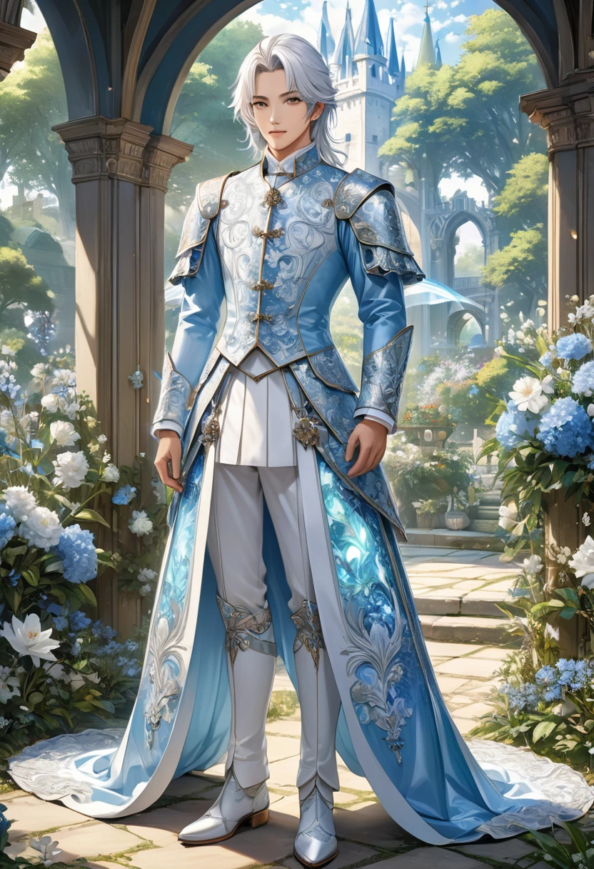 Full body portrait Frontal standing full body portrait((correct anatomy) )A male version of a handsome handsome boy with a Korean face wearing a medieval costume with long white hair looking at the audience., Anime eyes, Handsome handsome man standing in detailed outdoor garden reserve scenery, Grimm's fairy tale male version character with medium long white hair, white collar day romance ((perfect face))
Intricate details detailed characters high resolution, Super detailed masterpiece, Intricate details royal, elegant, Noble and elegant light blue and white holographic clothing with white collar, light blue decoration,official art, Impressive.Full body portraits, ultra-detailed animation art, perfect compositions, intricate details, meticulous digital art
