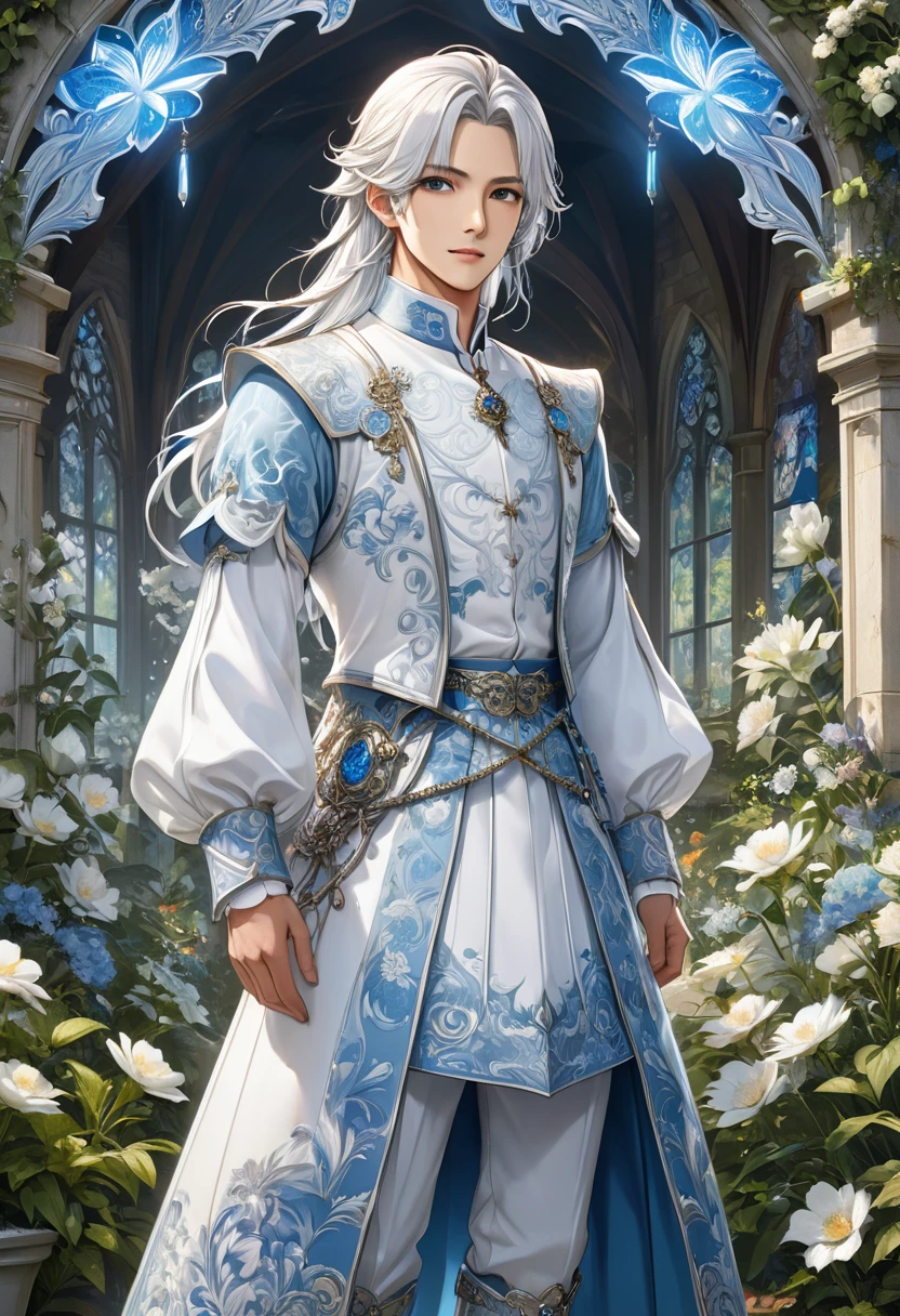 Full body portrait Frontal standing full body portrait((correct anatomy) )A male version of a handsome handsome boy with a Korean face wearing a medieval costume with long white hair looking at the audience., Anime eyes, Handsome handsome man standing in detailed outdoor garden reserve scenery, Grimm's fairy tale male version character with medium long white hair, white collar day romance ((perfect face))
Intricate details detailed characters high resolution, Super detailed masterpiece, Intricate details royal, elegant, Noble and elegant light blue and white holographic clothing with white collar, light blue decoration,official art, Impressive.Full body portraits, ultra-detailed animation art, perfect compositions, intricate details, meticulous digital art