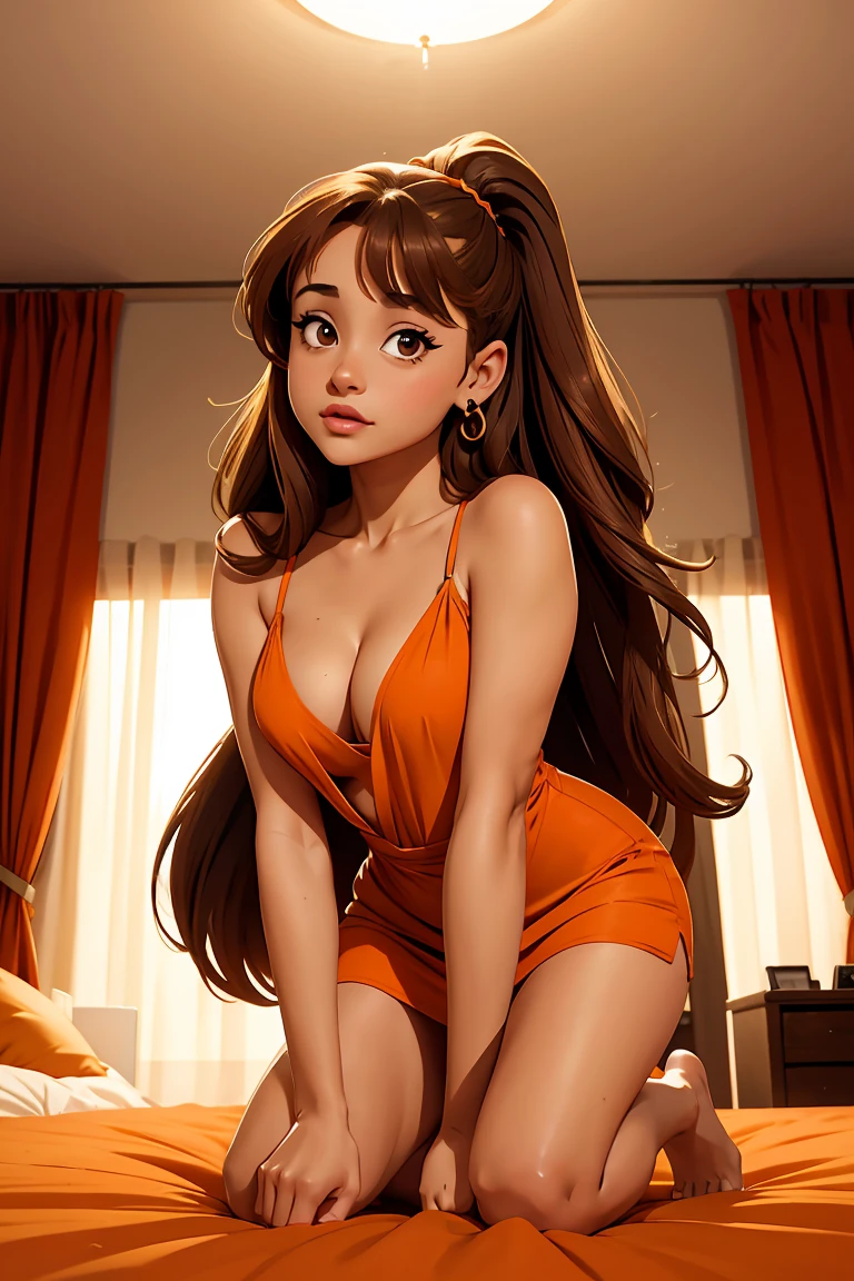Ariana Grande, barefoot, Long brown hair, light brown eyes, orange mini dress, very low v neck dress, cleavage, room background, on her knees, front View, looking camera, sexy look