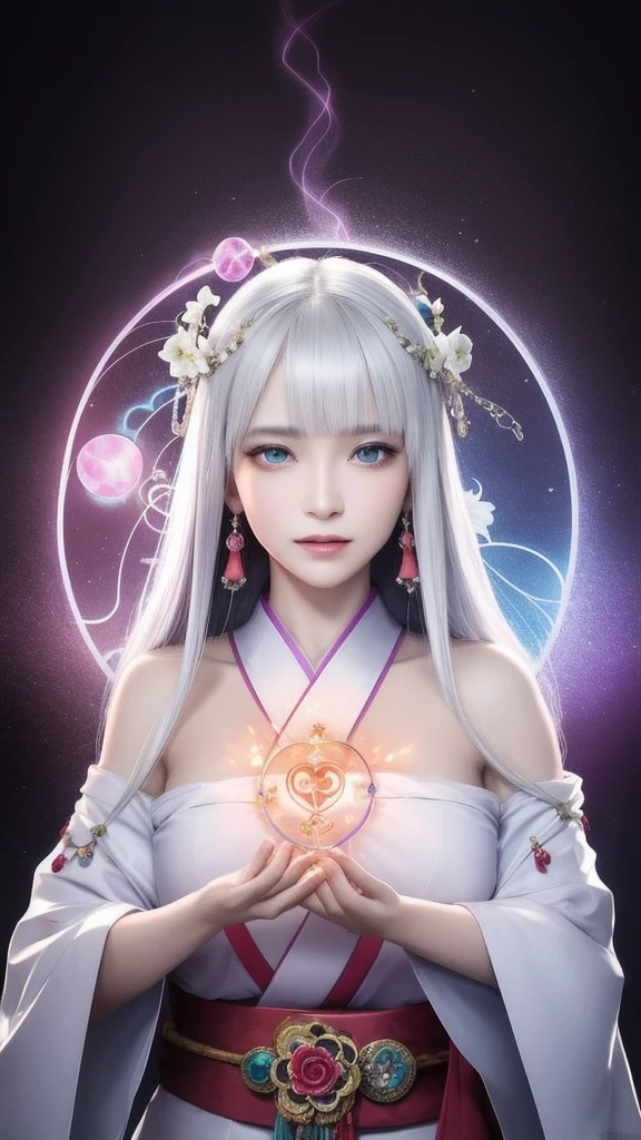 (masterpiece, top quality, 1 female, solo, exquisite details, chromatic aberration), (realistic), (skin), ((breathing)), (silver hair, blunt bangs, cropped straight long hair, short bangs, silver hair), beautiful hair, red headdress, highlights, hair on one eye, beautiful eyes, purple eyes, thick lips, earrings, piercing eyes, ((gold and white kimono)), ((symmetrical eyes)), ((perfectly symmetrical body)), ((perfectly symmetrical hands)), (purerosface_v1:0.3), full moon night, ((self, natural light))), bright lighting, flowers blooming in background, in front of viewer, ((central shot, from the front, (face and shoulders))), mysterious atmosphere, colorful flowers blooming around, bright colored background, shrine maiden in kimono, beautiful shrine maiden, Shrine maiden, fantasy female shrine maiden, female fortune telling shrine maiden, fantasy photography, Japanese style, elegant cinematic fantasy art, fantasy woman, sorceress portrait, powerful wizard surrounded by mystical colorful flowers, holding a glowing heart crystal ball, eyes glowing with mystical energy, spells leaking from her mouth, vibrant sorcery vortexes pulsating with rainbow hues appear in the air, magic permeates, flowers bloom, sacred creatures gaze in awe, threads of magical energy dance, reveal hidden realms, unravel secrets, capture the essence of this enchanting moment and bring to life the mystical power of sorcery on a canvas of the highest quality and finest detail. Top quality, masterpiece, ultra high resolution, (photorealistic: 1.4), RAW photo, sharp focus, high resolution, detailed skin.
Flowers blooming all around, bright colored background, fortune teller in kimono, beautiful fortune teller, fortune teller, fantasy female fortune teller, female fortune teller, fantasy photography, Japanese style, fortune teller in kimono, elegant cinematic fantasy art, fantasy woman, magician portrait, fortune teller, powerful wizard surrounded by mystical colorful flowers, holding a glowing heart c