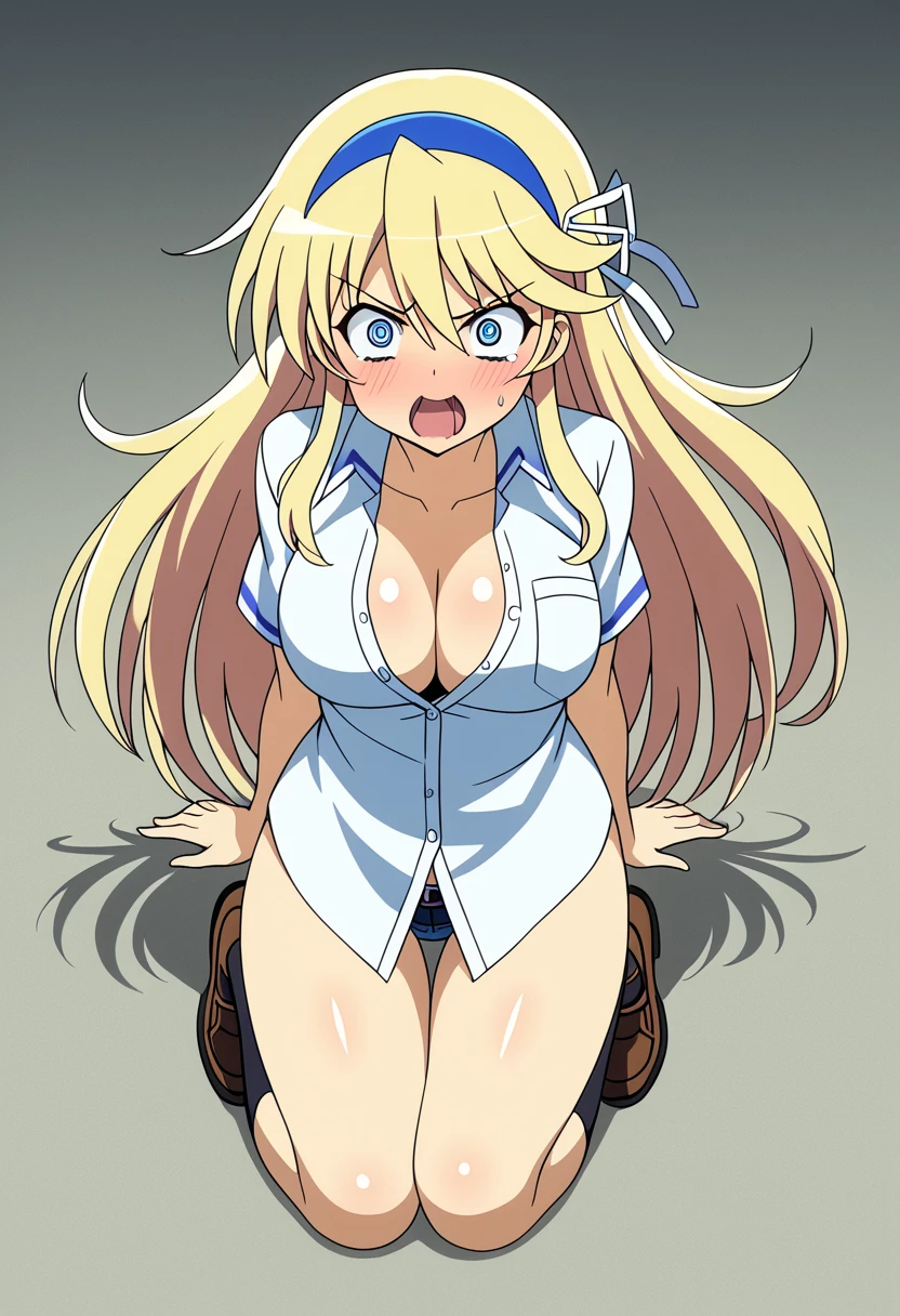 HD, high quality, high resolution, ultrahd, Kanzaki Urumi, wearing default outfit, , blue skirt, default hair, blonde hair, tall body, farting, fart, yellow fart, massive fart, velocity, farts, yellow smoke, clenching teeth, bending over, leaning, hand on tummy, farts, farts from ass, viewing ass, blush, shocked