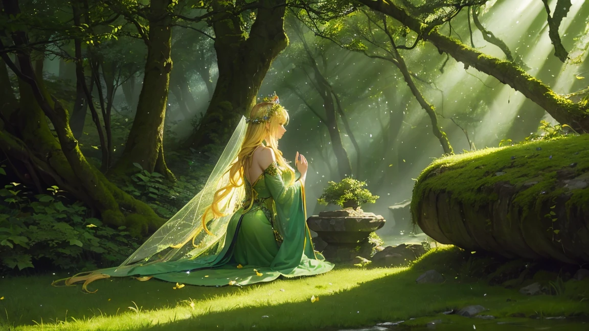"In an enchanted forest, beautiful sunlight filters through the trees. In the center, a fairy woman with long blonde hair sits on a moss-covered rock, wearing a green dress and a crown of flowers. She has translucent fairy wings gracefully extended from her back. The overall atmosphere is magical and serene, highlighting the natural beauty of the surroundings."