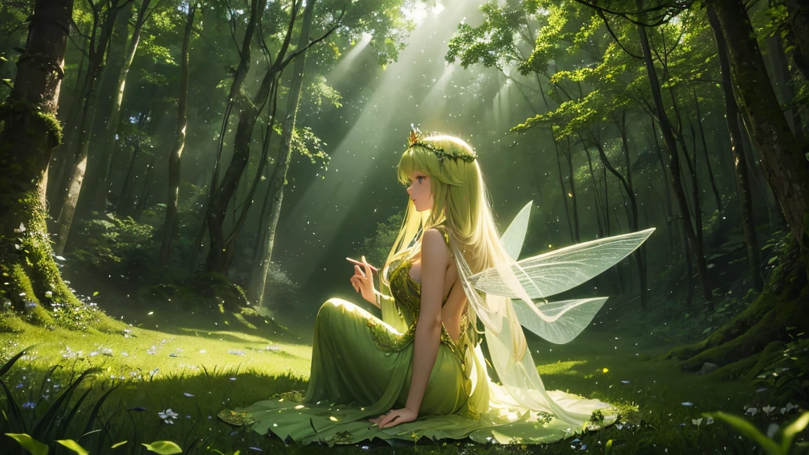 "In an enchanted forest, beautiful sunlight filters through the trees. In the center, a fairy woman with long blonde hair sits on a moss-covered rock, wearing a green dress and a crown of flowers. She has translucent fairy wings gracefully extended from her back. The overall atmosphere is magical and serene, highlighting the natural beauty of the surroundings."