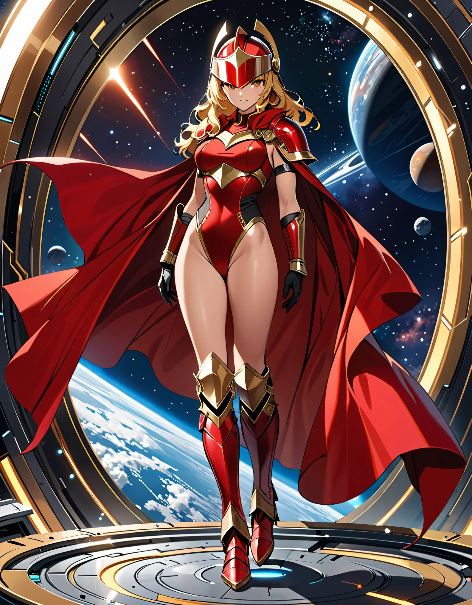 ((masterpiece)), ((best quality)), ((high res)), (dynamic villain pose), (solo, solo focus), standing, italian, (blonde hair, brown eyes), ((beautiful detailed eyes)), (a woman in a yellow and red costume and red cape), (leotard, bare legs), (roman helmet with futuristic visor, matching armored boots), (perfect hands, perfect anatomy), space backdrop, full body costume design.