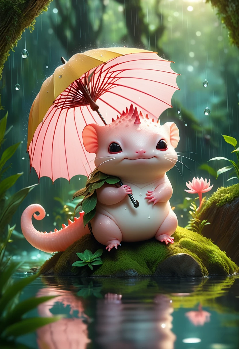 Cute fantasy creature digital painting, chubby axolotl-like being with coral-colored external gills, pale pink body, smiling contentedly, holding a tiny umbrella to shield from rain, sitting on mossy ground near water, surrounded by lush greenery and floating particles, warm sunlight filtering through leaves creating dappled lighting effect, vibrant color palette with yellows, greens, and blues, soft glowing highlights, water droplets and reflections, dreamy and whimsical atmosphere, highly detailed environment with a mix of realistic and fantastical elements, gentle ripples in nearby water, fishing rod with line cast into water, blurred foreground and background for depth, painterly style with visible brushstrokes, magical forest setting, 4K resolution, trending on ArtStation.