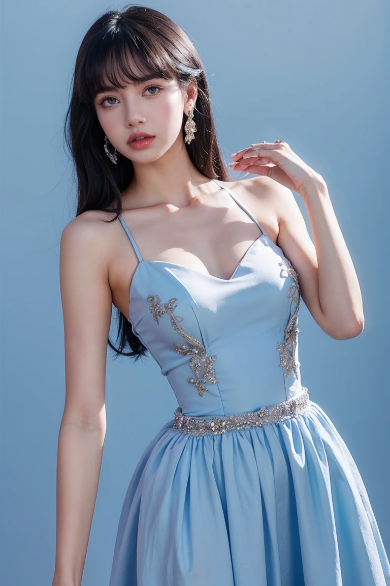 21yo girl, princess gown, blue background