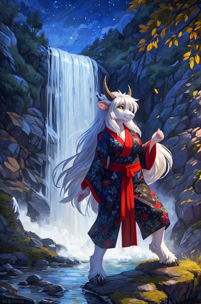 ultra-detailed, masterpiece, masterwork, high quality, best quality, hdr, (nature, night, waterfall), posted on e621, (by hioshiru), nsfw, female, solo, (white little body minotaur), hairy dragon, (nude, yukata, white chubby body), (long silver hair, yellow eyes), stylish pose, from below, dynamic angle, wet