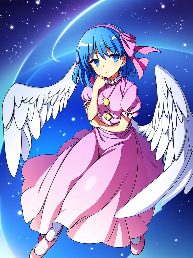 masterpiece, best quality, 1girl, , , 10 years old, medium blue hair, hair flaps, pink ribbon on head, well-formed face, blue eyes, angel girl, white blouse, puffy short sleeves, red ribbon, angel wings, long white skirt, red shoes, frills, ribbon head