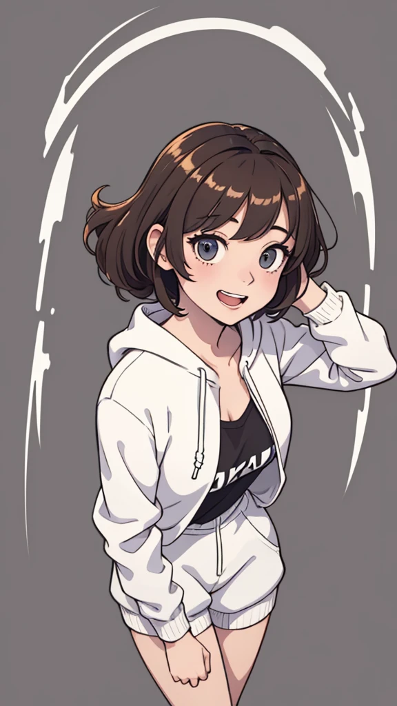 (((masterpiece, best quality, ultra highres, 1 girl, solo, no background))), super detailed skin and face and eyes and finger, beautiful japanese woman, small breasts:1.5, skinny, light brown hair, white background, very short curly pixie hair, (an illustration of girl), Knee shot, Generate with illustrations, Various expressions, Various poses, Please draw the entire character within the frame, ensuring that the head, arms, and legs are not cut off. The background should be simple, with the character positioned centrally, outline, anime, hoodie, laugh,