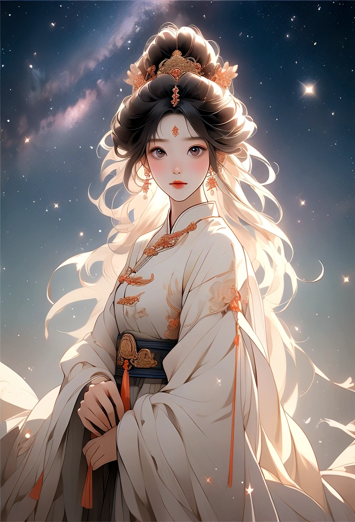 masterpiece, Highest quality: 1.4), Detailed Background,A beautiful ancient Chinese fairy looks at the camera,Close-up、Beautiful Eyes、streamer,Gauze cloth,Floating in the air,Elevation angle of view,The Milky Way is amazing,The full moon is empty,