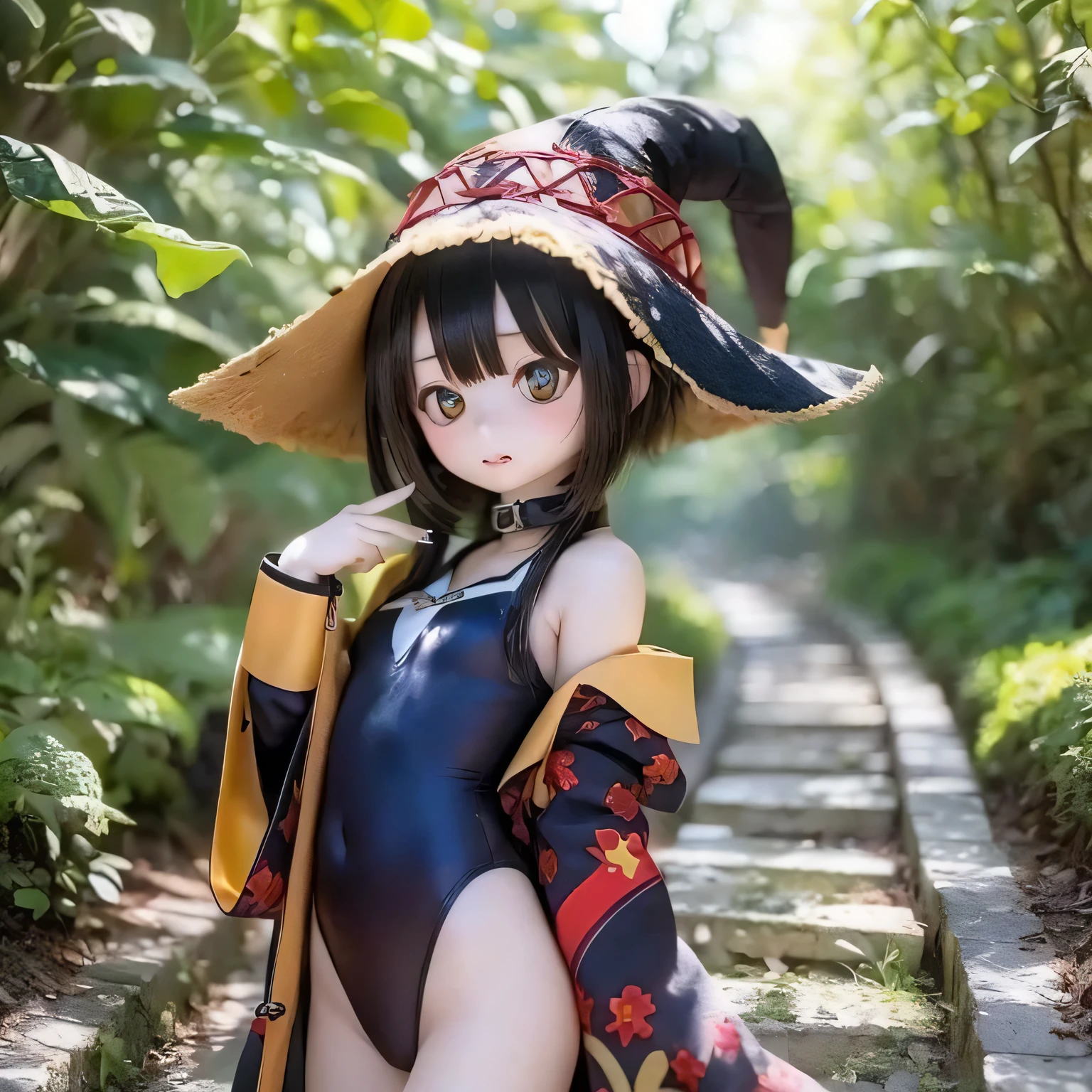Chibi contrapposto pose girl wearing big hat, Flat Chest, And then Megumin appears. -> Eyes Beautiful and elegant eyes,nose,Lips Beautiful lips details,theme's cute smile,Chibi Contrap Place,Megumin character variations,People wearing large hats or bonnets,Flat Chested,Bust Detail Naked Camel Toe Medium: Photorealistic portraits, ->Material Photorealistic Portrait Additional Details: She is surrounded by vibrant gardens, ->花园a blooming flower garden with various Vibrant colors,green々Fresh green grass,Finely knotted wood々The sunlight shines in,Morning atmosphere,Several bees flying around,The quality of distant bird calls: (Highest quality,4K,8K,High resolution,masterpiece:1.2),Very detailed, ->Image quality: High resolution(Multiple options)
Art Style: アニメ, ->Art Style アニメ-style Color Palette: (Vibrant colors), ->Vibrant color palette lighting: Soft sunlight casts a warm glow on the scene, ->Light, Soft and warm sunlight,Soft sunlight、Black Hair、point(((((((Shoot the magic)))))))
