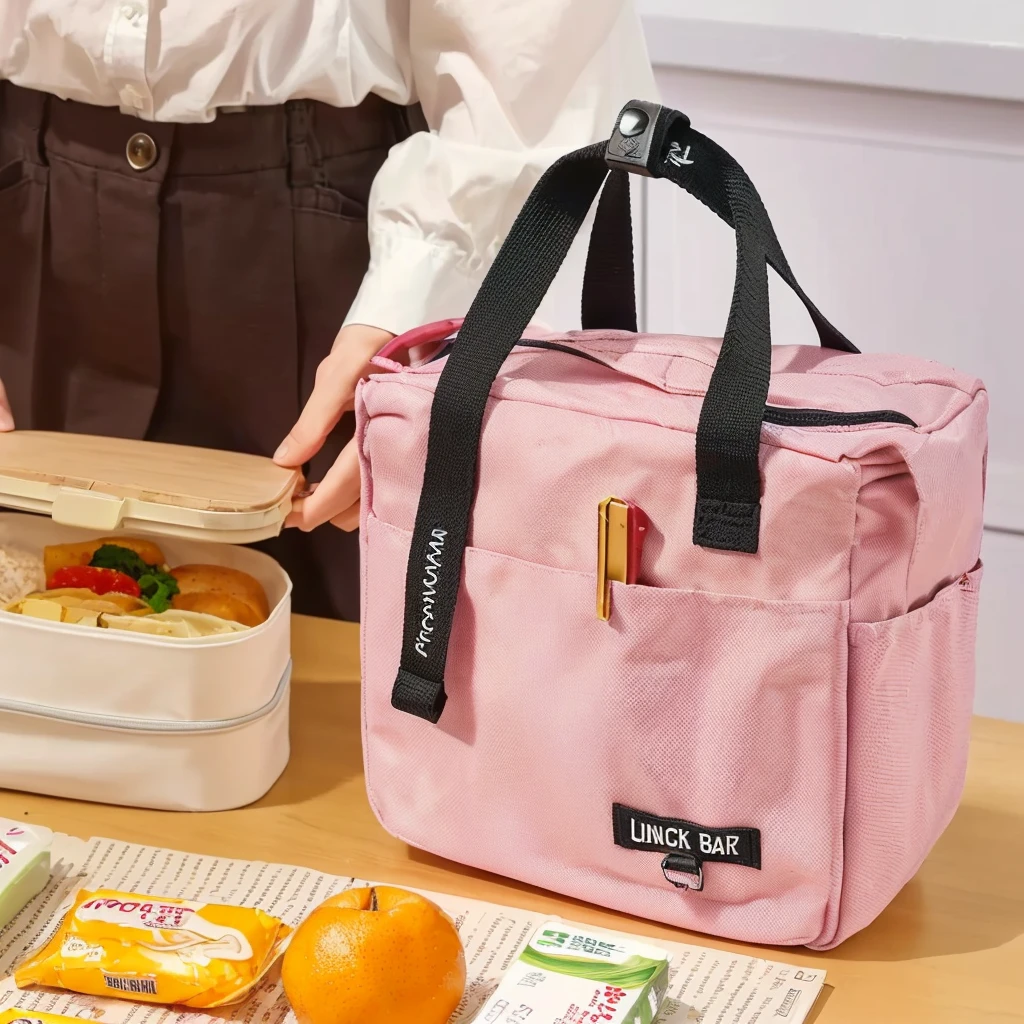 Someone put the lunch bag into the lunch box, Lunch Bag,, The full subject is shown in the photo, (Pink), - Hours 8 5 0 - Afternoon 6 0 0, Cute big pocket hardware, 8L, 8 l, Hours 576, There are two front pockets, the handbag is over a wood table, bl, 2020 fashion