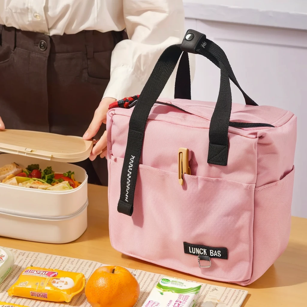 Someone put the lunch bag into the lunch box, Lunch Bag,, The full subject is shown in the photo, (Pink), - Hours 8 5 0 - Afternoon 6 0 0, Cute big pocket hardware, 8L, 8 l, Hours 576, There are two front pockets, the handbag is over a wood table, bl, 2020 fashion