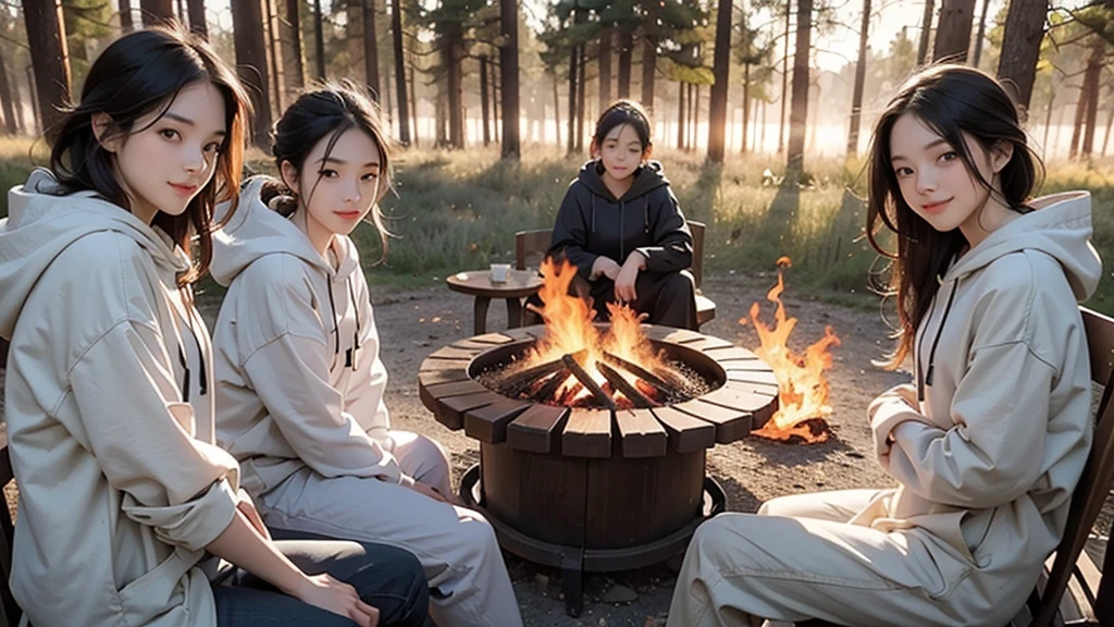 Group photo of three 17 year old girls, Overall image, (threesome:1.2, Fire sitting nearby, Wearing a hoodie, Outdoor fashion), (barbecue:1.2, campfire), smoke rising behind them, Burning!!, wood cottage Burning behind them, urgent, Laughing, (Ultra-high resolution, 8k Raw Photo, Photo realistic, Thin outline), in the forest, Outdoor, funny, (Fire Focus),
