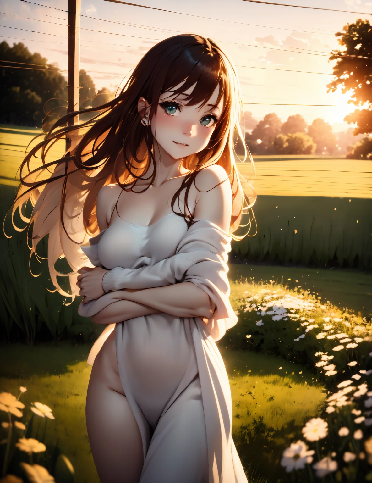 ((extremely detailed)),, (8k), Best Quality, (beautiful),((Mesa)), ((Best Quality)), beautiful a girl,20 years、Skinny body、Smaller chest,Eliminates unkempt hair、、(ultra detailed), ((kawaii)), beautiful, (natural look),Plein air、blurred background:1.5、Field at sunset、red dragonfly、Ears of rice fluttering in the wind