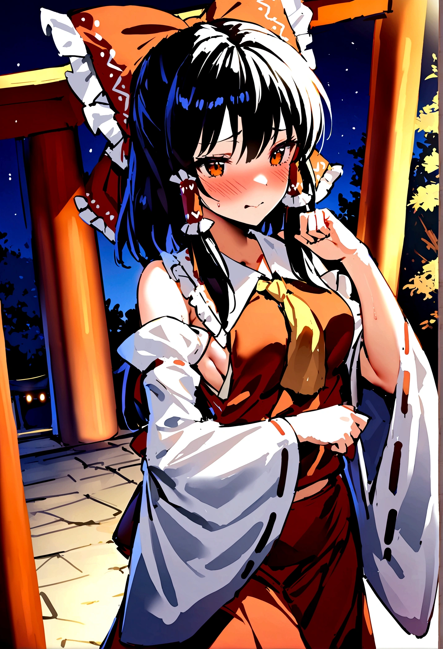 NSFW,masterpiece,Highest quality,High resolution,Super detailed,Reimu Hakurei\(Oriental Project\),Hakurei Reimu,Embarrassed,Frustrated face,Lust,blush,Expecting face,Seduce,Shrine at night,whole body,prostitution,Prostitute