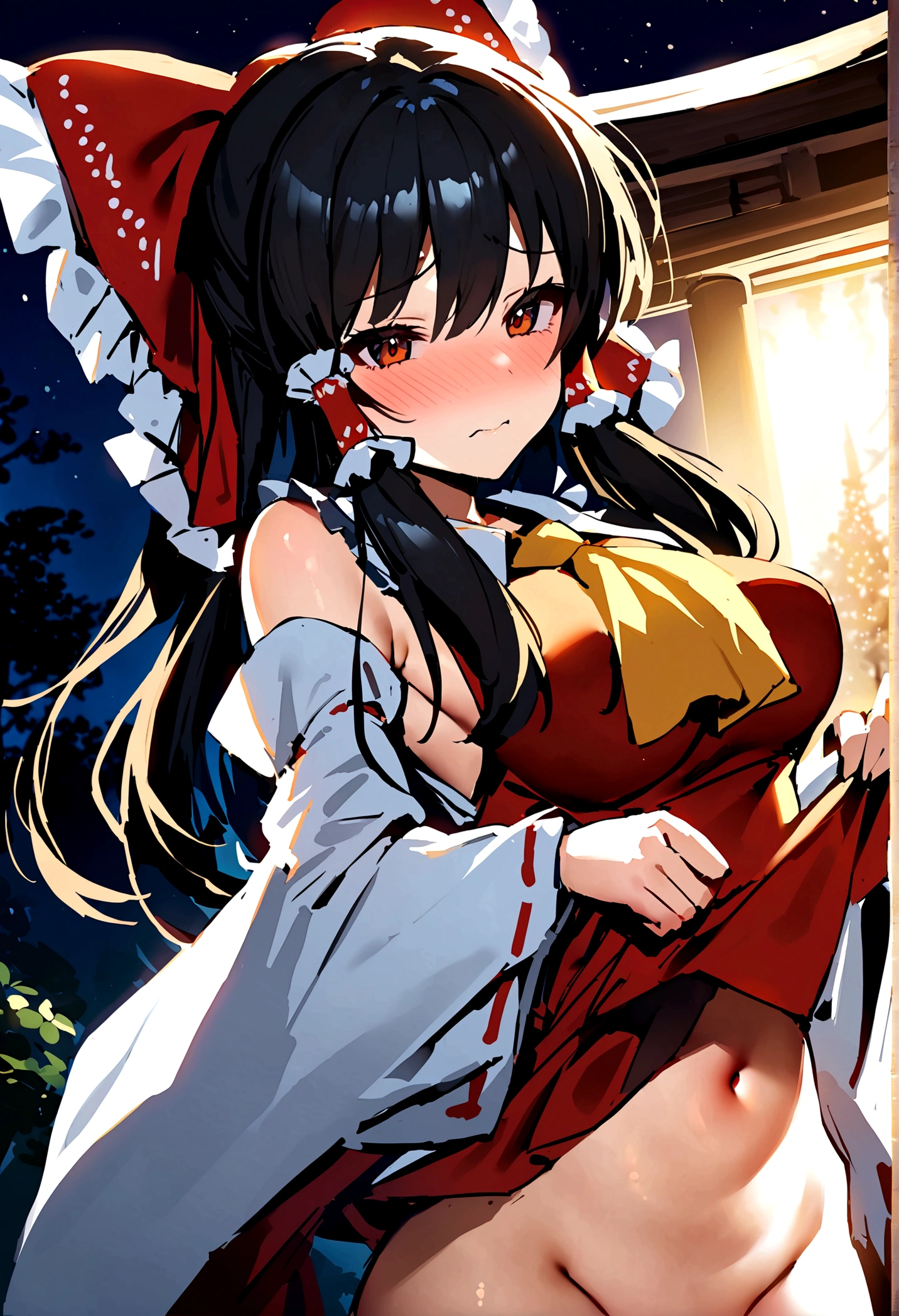 NSFW,masterpiece,Highest quality,High resolution,Super detailed,Reimu Hakurei\(Oriental Project\),Hakurei Reimu,Embarrassed,Frustrated face,Lust,blush,Expecting face,Seduce,Shrine at night,whole body,prostitution,Prostitute