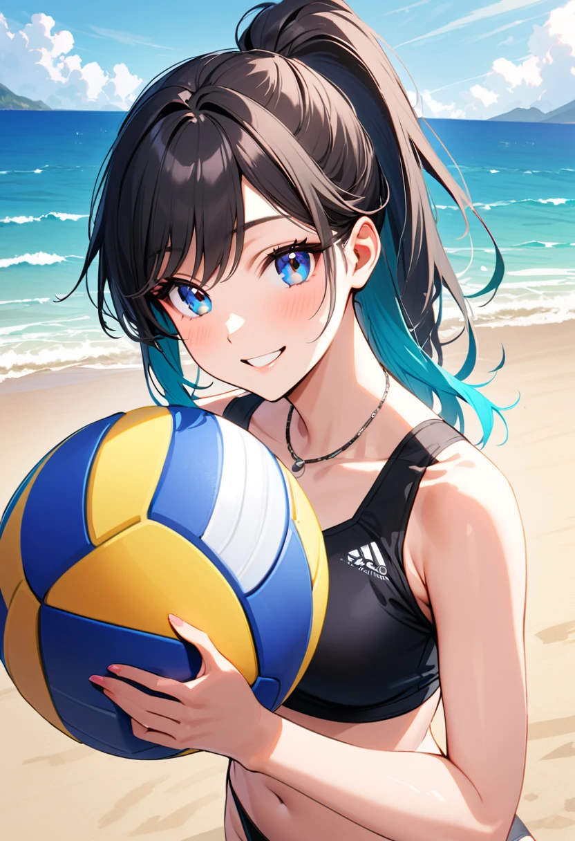 A young woman, 21-years-old, solo, Caucasian, black hair, cyan hair, gradient hair, multicolored hair, ponytail, two-tone hair, blue eyes, cheerful smile, black swimsuit, holding a volleyball, beach, thin silver necklace
