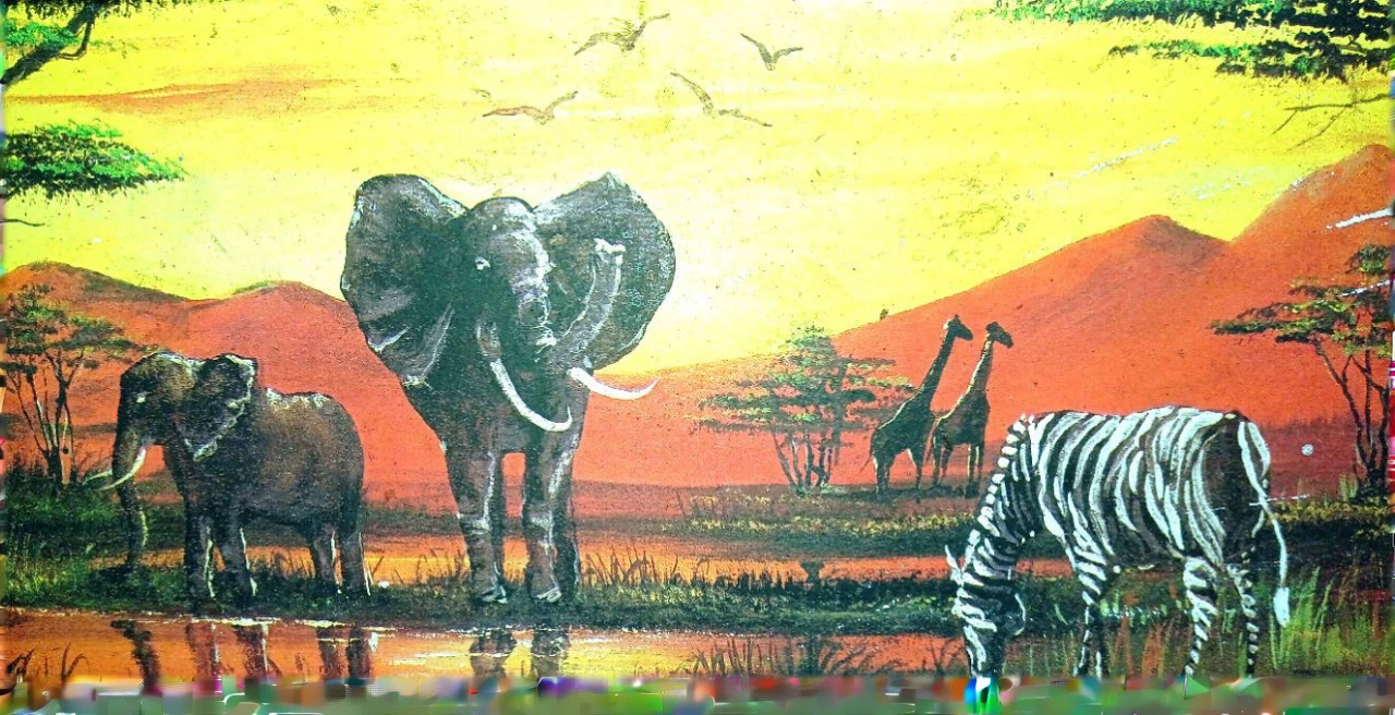 painting of a zebra and a giraffe in a field with a sunset, African sheeth, on the Llanuras Africanas, animal painting, detailed painting, Llanuras Africanas, Estepa Africana, acrylic art, painted in acrylic, Savanna Background, at sunset, In Africa, sheet, added detail, detailed painting“, Elefantes Africanos en la selva, Tempera on wood, Africa