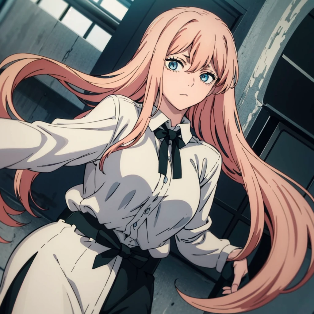 1womanl, long hair, pink hair, blue colored eyes,white blouse with a black tie (big ???????), black pants, gazing at viewer, hand on the waist