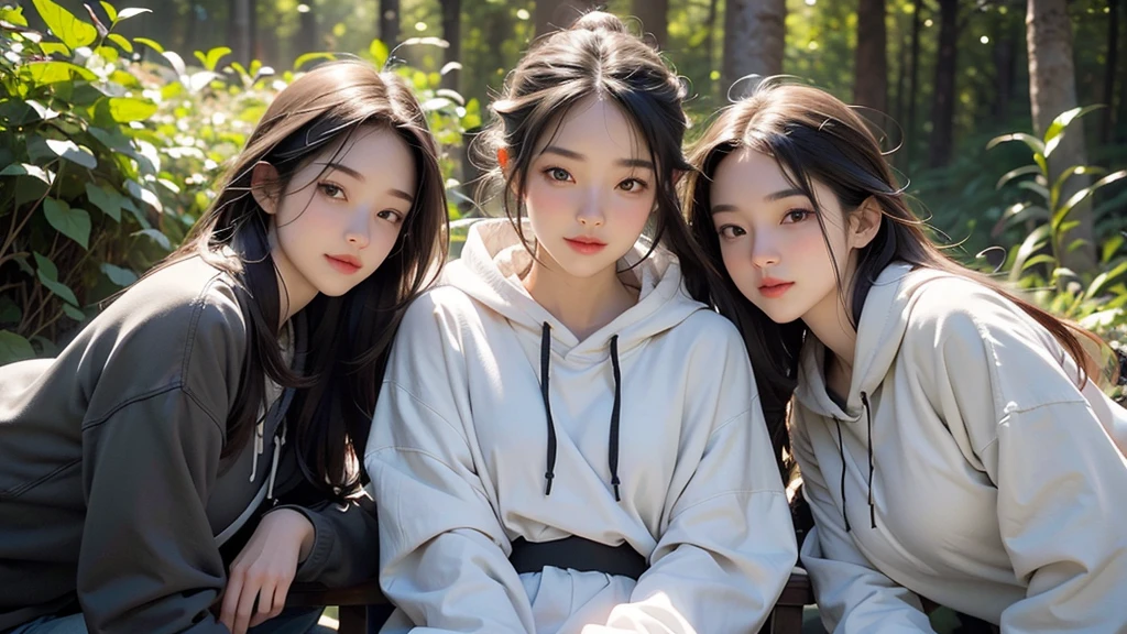 Group photo of three 17 year old girls, Overall image, (threesome:1.2, Fire sitting nearby, Wearing a hoodie, Outdoor fashion), (barbecue:1.2, campfire), smoke rising behind them, Burning!!, wood cottage Burning behind them, urgent, Laughing, (Ultra-high resolution, 8K生写真, Photo realistic, Thin outline), in the forest, Outdoor, funny, (Fire Focus),8K、RAW Photos、Highest quality、masterpiece:1.2、Super detailed、Super Resolution、Ultra HD、8K壁紙、Amazing details、(Photorealistic:1.4)、Full Body Shot、Full body photo、High-resolution RAW color photos、Professional photos、A scene full of emotion、Very detailed and beautiful、Ultra HD、8K壁紙、Amazing details、Huge file sizes、Highly detailed beautiful girls、Highly detailed face Highly detailed eyes、Extremely realistic skin、 Highly detailed fingers, Highly detailed nose, Highly detailed mouth, Perfect Anatomy, Highly detailed background, Highly detailed clothing, , cute女の子, Famous Japanese Idols, cute, Realistic body, Slender, White skin, Glowing Skin, Slim body, Long Straight Hair, Realistic Face, Delicate eyes, double eyelid, Highly detailed beautiful girls