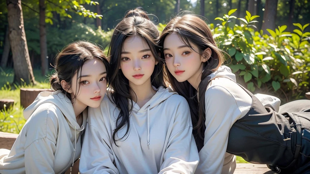 Group photo of three 17 year old girls, Overall image, (threesome:1.2, Fire sitting nearby, Wearing a hoodie, Outdoor fashion), (barbecue:1.2, campfire), smoke rising behind them, Burning!!, wood cottage Burning behind them, urgent, Laughing, (Ultra-high resolution, 8K生写真, Photo realistic, Thin outline), in the forest, Outdoor, funny, (Fire Focus),8K、RAW Photos、Highest quality、masterpiece:1.2、Super detailed、Super Resolution、Ultra HD、8K壁紙、Amazing details、(Photorealistic:1.4)、Full Body Shot、Full body photo、High-resolution RAW color photos、Professional photos、A scene full of emotion、Very detailed and beautiful、Ultra HD、8K壁紙、Amazing details、Huge file sizes、Highly detailed beautiful girls、Highly detailed face Highly detailed eyes、Extremely realistic skin、 Highly detailed fingers, Highly detailed nose, Highly detailed mouth, Perfect Anatomy, Highly detailed background, Highly detailed clothing, Teen, cute女の子, Famous Japanese Idols, cute, Realistic body, Slender, White skin, Glowing Skin, Slim body,  Long Straight Hair, Realistic Face, Delicate eyes, double eyelid, Highly detailed beautiful girls