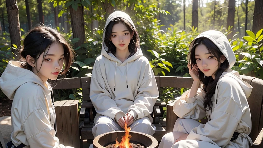 Group photo of three  girls, Overall image, (threesome:1.2, Fire sitting nearby, Wearing a hoodie, Outdoor fashion), (barbecue:1.2, campfire), smoke rising behind them, Burning!!, wood cottage Burning behind them, urgent, Laughing, (Ultra-high resolution, 8K生写真, Photo realistic, Thin outline), in the forest, Outdoor, funny, (Fire Focus),8K、RAW Photos、Highest quality、masterpiece:1.2、Super detailed、Super Resolution、Ultra HD、8K壁紙、Amazing details、(Photorealistic:1.4)、Full Body Shot、Full body photo、High-resolution RAW color photos、Professional photos、A scene full of emotion、Very detailed and beautiful、Ultra HD、8K壁紙、Amazing details、Huge file sizes、Highly detailed beautiful girls、Highly detailed face Highly detailed eyes、Extremely realistic skin、 Highly detailed fingers, Highly detailed nose, Highly detailed mouth, Perfect Anatomy, Highly detailed background, Highly detailed clothing, Teen, cute女の子, Famous Japanese Idols, cute, Realistic body, Slender, White skin, Glowing Skin, Slim body,  Long Straight Hair, Realistic Face, Delicate eyes, double eyelid, Highly detailed beautiful girls