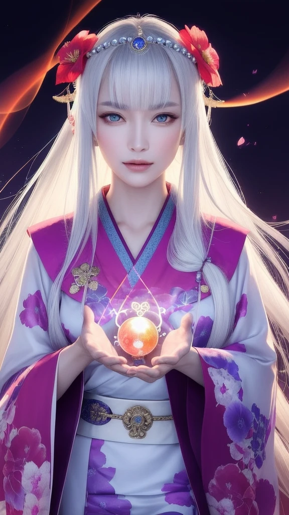 (masterpiece, top quality, 1 female, solo, exquisite details, chromatic aberration), (realistic), (skin), ((breathing)), (silver hair, blunt bangs, cropped straight long hair, short bangs, silver hair), beautiful hair, red headdress, highlights, hair on one eye, beautiful eyes, purple eyes, thick lips, earrings, piercing eyes, ((gold and white kimono)), ((symmetrical eyes)), ((perfectly symmetrical body)), ((perfectly symmetrical hands)), (purerosface_v1:0.3), full moon night, ((self, natural light))), bright lighting, flowers blooming in background, in front of viewer, ((central shot, from the front, (face and shoulders))), mysterious atmosphere, colorful flowers blooming around, bright colored background, shrine maiden in kimono, beautiful shrine maiden, Shrine maiden, fantasy female shrine maiden, female fortune telling shrine maiden, fantasy photography, Japanese style, elegant cinematic fantasy art, fantasy woman, sorceress portrait, powerful wizard surrounded by mystical colorful flowers, holding a glowing heart crystal ball, eyes glowing with mystical energy, spells leaking from her mouth, vibrant sorcery vortexes pulsating with rainbow hues appear in the air, magic permeates, flowers bloom, sacred creatures gaze in awe, threads of magical energy dance, reveal hidden realms, unravel secrets, capture the essence of this enchanting moment and bring to life the mystical power of sorcery on a canvas of the highest quality and finest detail. Top quality, masterpiece, ultra high resolution, (photorealistic: 1.4), RAW photo, sharp focus, high resolution, detailed skin.
Flowers blooming all around, bright colored background, fortune teller in kimono, beautiful fortune teller, fortune teller, fantasy female fortune teller, female fortune teller, fantasy photography, Japanese style, fortune teller in kimono, elegant cinematic fantasy art, fantasy woman, magician portrait, fortune teller, powerful wizard surrounded by mystical colorful flowers, holding a glowing heart c