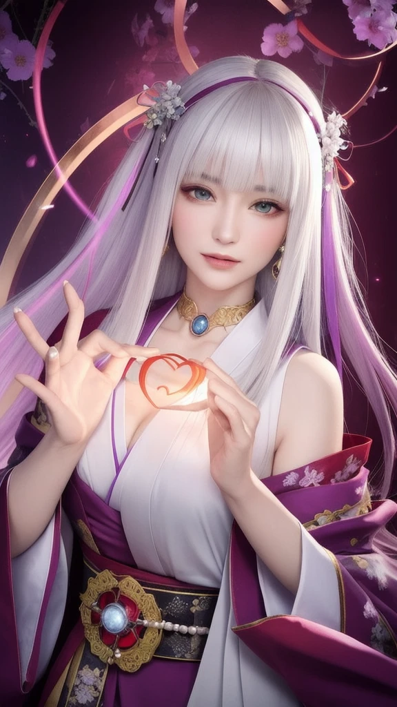 (masterpiece, top quality, 1 female, solo, exquisite details, chromatic aberration), (realistic), (skin), ((breathing)), (silver hair, blunt bangs, cropped straight long hair, short bangs, silver hair), beautiful hair, red headdress, highlights, hair on one eye, beautiful eyes, purple eyes, thick lips, earrings, piercing eyes, ((gold and white kimono)), ((symmetrical eyes)), ((perfectly symmetrical body)), ((perfectly symmetrical hands)), (purerosface_v1:0.3), full moon night, ((self, natural light))), bright lighting, flowers blooming in background, in front of viewer, ((central shot, from the front, (face and shoulders))), mysterious atmosphere, colorful flowers blooming around, bright colored background, shrine maiden in kimono, beautiful shrine maiden, Shrine maiden, fantasy female shrine maiden, female fortune telling shrine maiden, fantasy photography, Japanese style, elegant cinematic fantasy art, fantasy woman, sorceress portrait, powerful wizard surrounded by mystical colorful flowers, holding a glowing heart crystal ball, eyes glowing with mystical energy, spells leaking from her mouth, vibrant sorcery vortexes pulsating with rainbow hues appear in the air, magic permeates, flowers bloom, sacred creatures gaze in awe, threads of magical energy dance, reveal hidden realms, unravel secrets, capture the essence of this enchanting moment and bring to life the mystical power of sorcery on a canvas of the highest quality and finest detail. Top quality, masterpiece, ultra high resolution, (photorealistic: 1.4), RAW photo, sharp focus, high resolution, detailed skin.
Flowers blooming all around, bright colored background, fortune teller in kimono, beautiful fortune teller, fortune teller, fantasy female fortune teller, female fortune teller, fantasy photography, Japanese style, fortune teller in kimono, elegant cinematic fantasy art, fantasy woman, magician portrait, fortune teller, powerful wizard surrounded by mystical colorful flowers, holding a glowing heart c