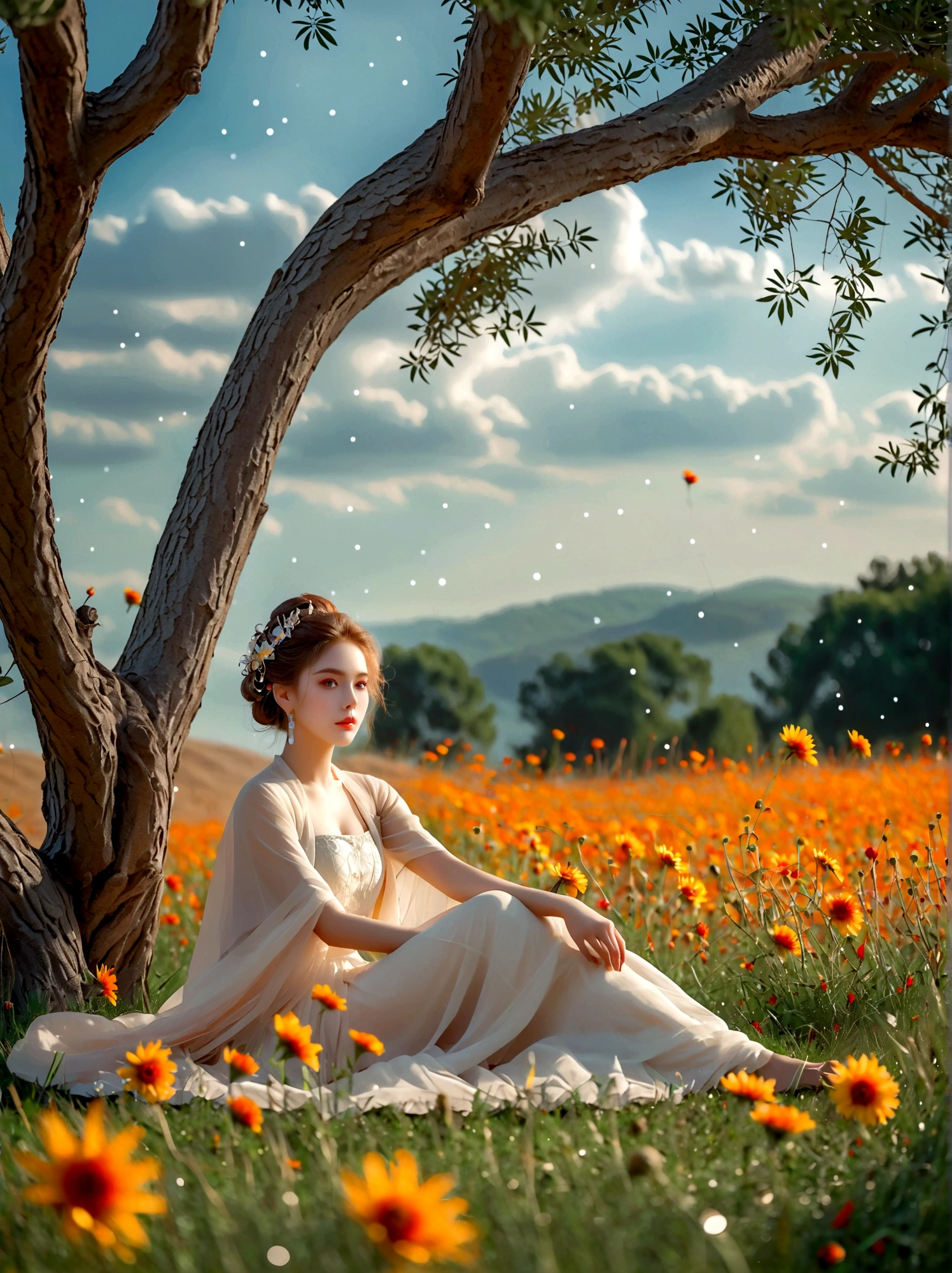 Summer, Lesser Heat, Hot Sun, 1girl, ((beautiful eyes)), ((Perfect and refined limbs)), Sitting, on the grass, tent, flower, outdoor, Tree, landscape, daytime, Sky, cloud, Grass, Orange Blossom, White Flowers, nature, Vague, safflower, (masterpiece, Best quality:1.2), lifelike, Reality, Dreamy light, Intricate details, Ultra Detailed, detail, High contrast, Beautiful and delicate light, Bright, more details, Fine light, very fine 8K CG wallpaper, Abuse of color difference, Very delicate light, Glare, Light, Light Particles, reflection, Depth of Field, Soft colors, Surrealism, Romanticism, Classicism, anatomically correct, textured skin, award winning, 8k