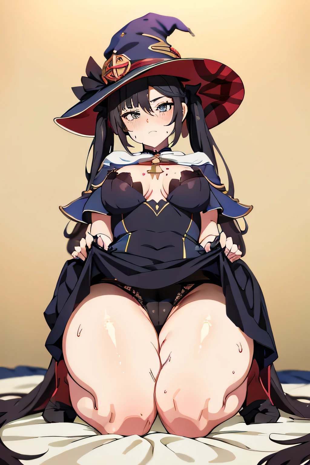 pigtails hair, sexy girl no clothes, big bobs , White background, sexy pantyhose, sweating a lot, witch hat, black panties