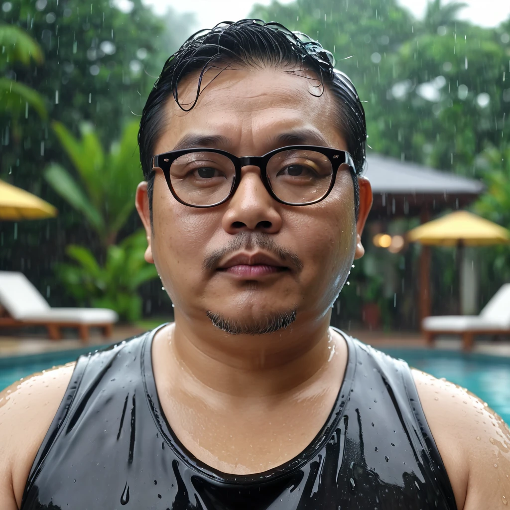 Chubby Malaysian Man, 45 year old, lounging by the pool , wearing eye glasses, looking directly at the camera with a seductive, wet from rain, Rain, film, bokeh, professional, 4k, highly detailed.