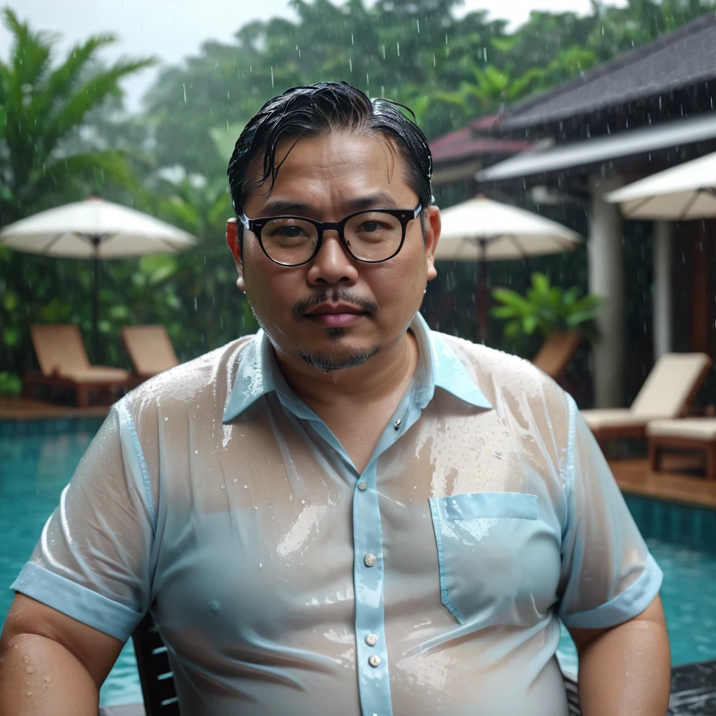 Chubby Malaysian Man, 45 year old, lounging by the pool , wearing eye glasses, looking directly at the camera with a seductive, wet from rain, Rain, film, bokeh, professional, 4k, highly detailed.