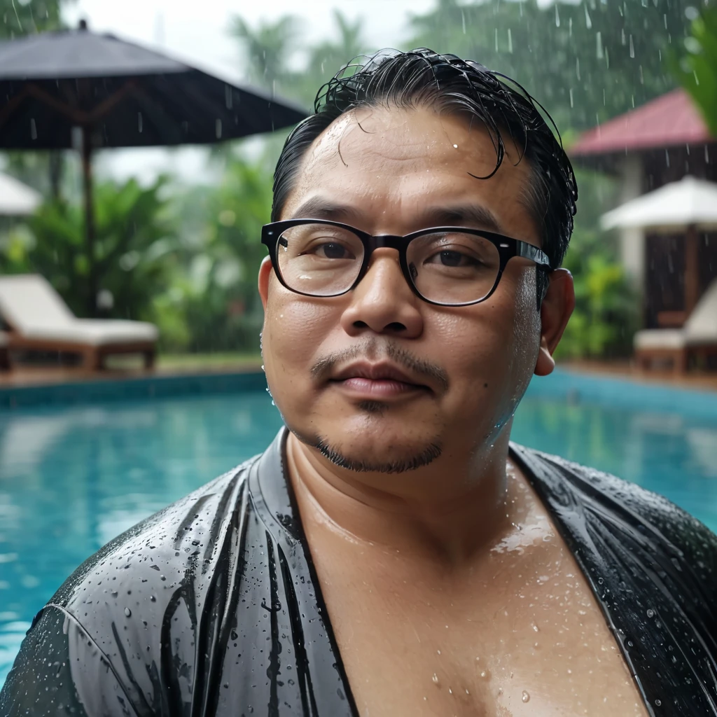 Chubby Malaysian Man, 45 year old, lounging by the pool , wearing eye glasses, looking directly at the camera with a seductive, wet from rain, Rain, film, bokeh, professional, 4k, highly detailed.