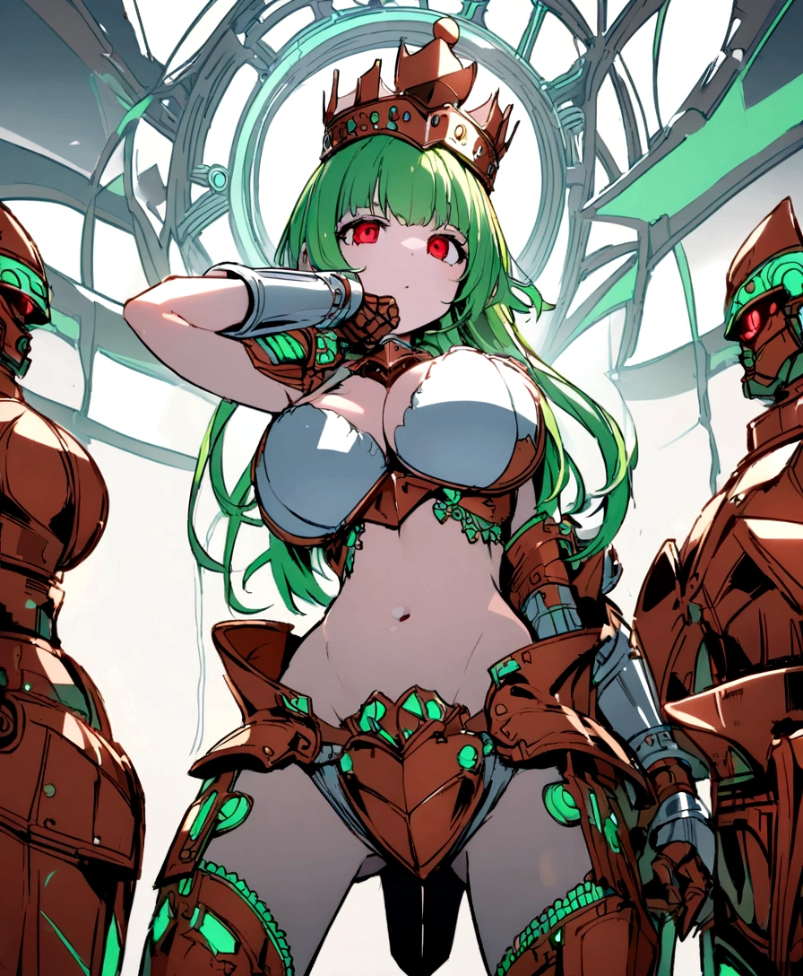 Copper bikini armor, copper crown, bare belly, big breasts, green hair, red eyes, bikini armor, copper, copper automaton, technology