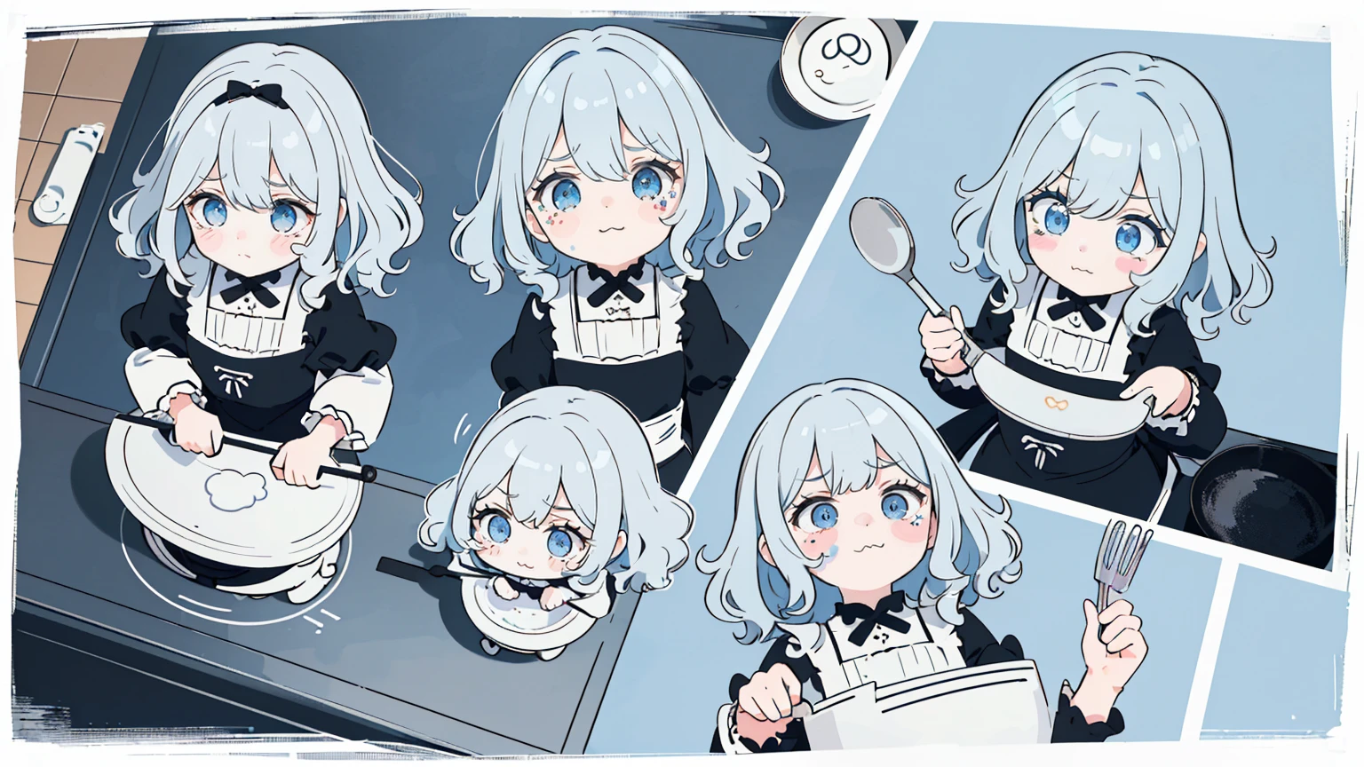 (Highest quality), (Very detailed), (whole body: 1.2), 1 Girl, a bit, cute, Crying face,tears,(Colorful and cute kitchen:1.3), Light blue, Black and white gothic ta outfit, blush, : 3,(Bangli and, Gray Hair,(Bright Blue Eyes:1.2),(Short hair with lots of hair),(Fluffy curly hair), (Brown eyelash stickers, Bangortiful detailed face), (Beautiful and detailed eyelid body,cutepose,(cooking),(Top view:1.2),