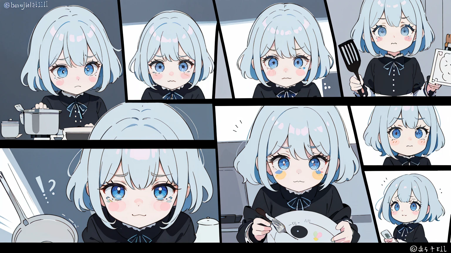  (Highest quality), (Very detailed), (whole body: 1.2), 1 Girl, a bit, cute, Crying face,tears,(Colorful and cute kitchen:1.3), Light blue, Black and white gothic lolita outfit, blush, : 3,(Bangli and, Gray Hair,(Bright Blue Eyes:1.2),(Short hair with lots of hair),(Fluffy curly hair), (Brown eyelash stickers, Bangortiful detailed face), (Beautiful and detailed eyelid body,cutepose,(cooking),(Top view:1.2),