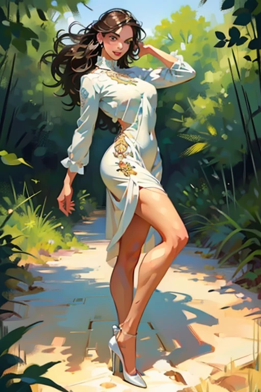 (full body:1.4),(rule of thirds:1.4),((hyper-realistic illustration:1.4)) Beautiful 20 yo Mediterranean woman, beautiful athletic figure, shapely toned legs, perfect round ass, natural perky breasts,(abs), ((long dark hair)), green eyes. (joy:1.4), sweet smile, mascara, long sleeve dress, high heels. Masterpiece, best quality,(highly detailed:1.2),(detailed face and eyes:1.2), depth of field, 8k wallpaper, natural lighting, core shadows, high contrast, bokeh.