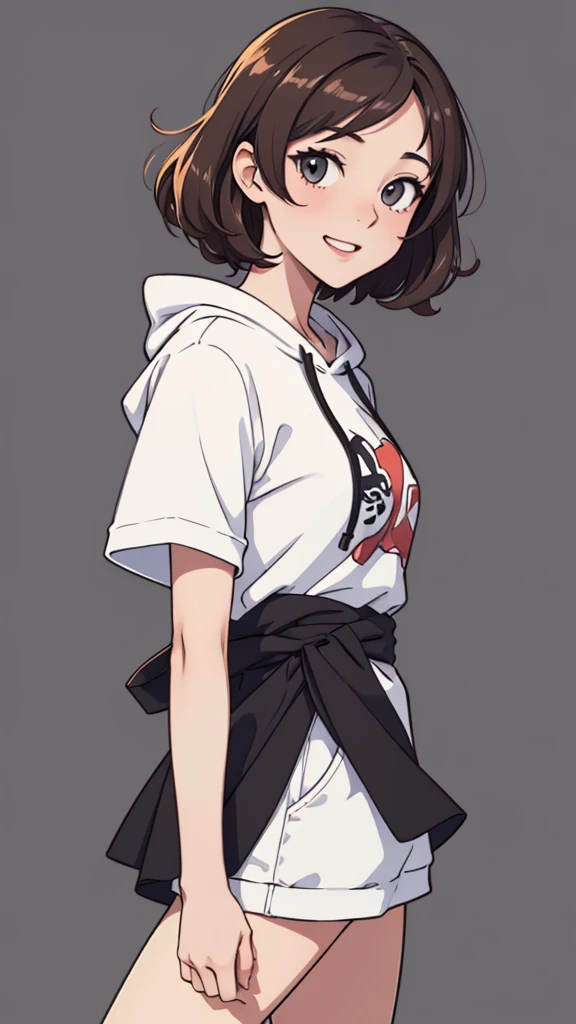 (((masterpiece, best quality, ultra highres, 1 girl, solo, no background))), super detailed skin and face and eyes and finger, beautiful japanese woman, small breasts:1.5, skinny, light brown hair, white background, very short curly pixie hair, (an illustration of girl), Knee shot, Generate with illustrations, Various expressions, Various poses, Please draw the entire character within the frame, ensuring that the head, arms, and legs are not cut off. The background should be simple, with the character positioned centrally, outline, anime, hoodie, laugh,