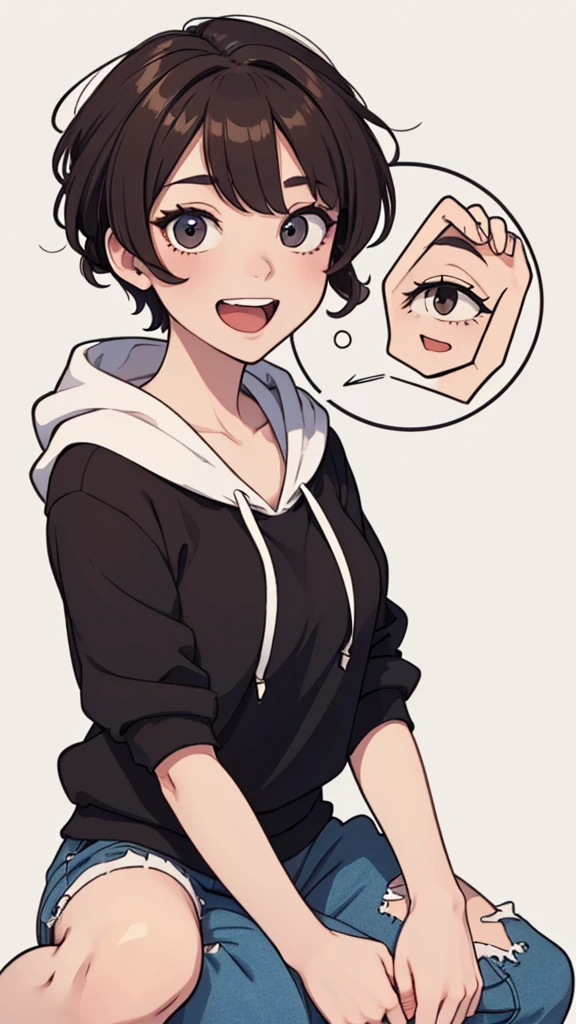 (((masterpiece, best quality, ultra highres, 1 girl, solo, no background))), super detailed skin and face and eyes and finger, beautiful japanese woman, small breasts:1.5, skinny, light brown hair, white background, very short curly pixie hair, (an illustration of girl), Knee shot, Generate with illustrations, Various expressions, Various poses, Please draw the entire character within the frame, ensuring that the head, arms, and legs are not cut off. The background should be simple, with the character positioned centrally, outline, anime, hoodie, laugh,