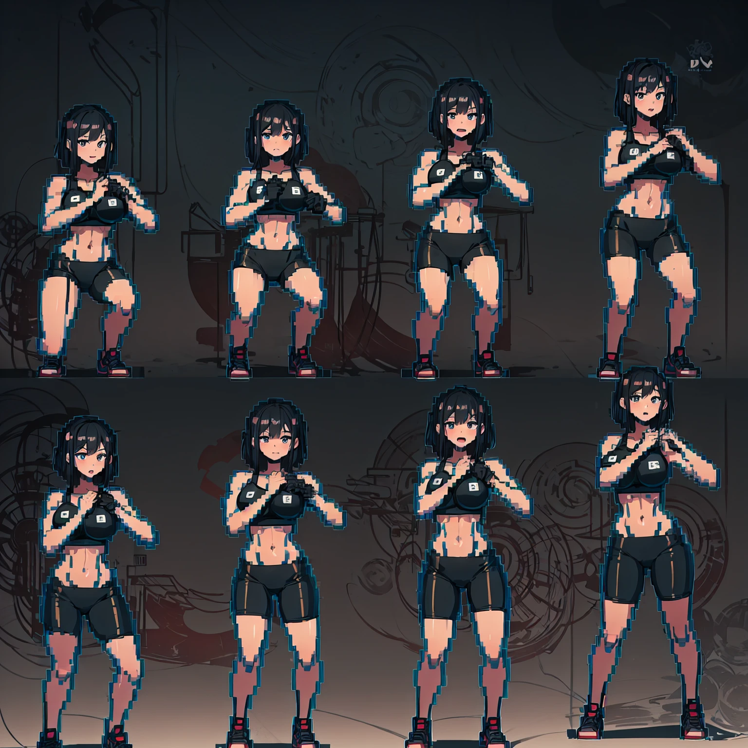 1girl,squatting,legs spread apart, front view, bike shorts, sports bra, sprite sheet, consistency, looking at viewer, lineart, monochrome, muscular abs girl, (thin waist), ((curvy)), ((wide hips)), short black hair, sexy, muscular thighs, full body
