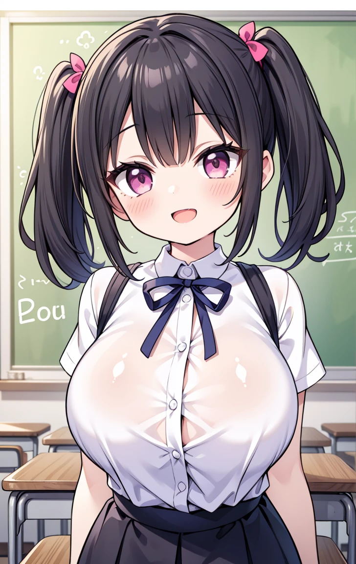 (Pieces fly, Highest quality, High resolution, Ticker, Pixel perfect, Depth of written border, In 4K), 
1 Girl, alone, , Beautiful Anime Girls, 
View your viewers, 
Perfect body,  

short hair, Black Hair, Pink Eyes, 

smile,  Open your mouth, blush, 

JK Huge , White shirt, big , Blue Ribbon, 
classroom, 

throw, Close-up shot, Twin tails