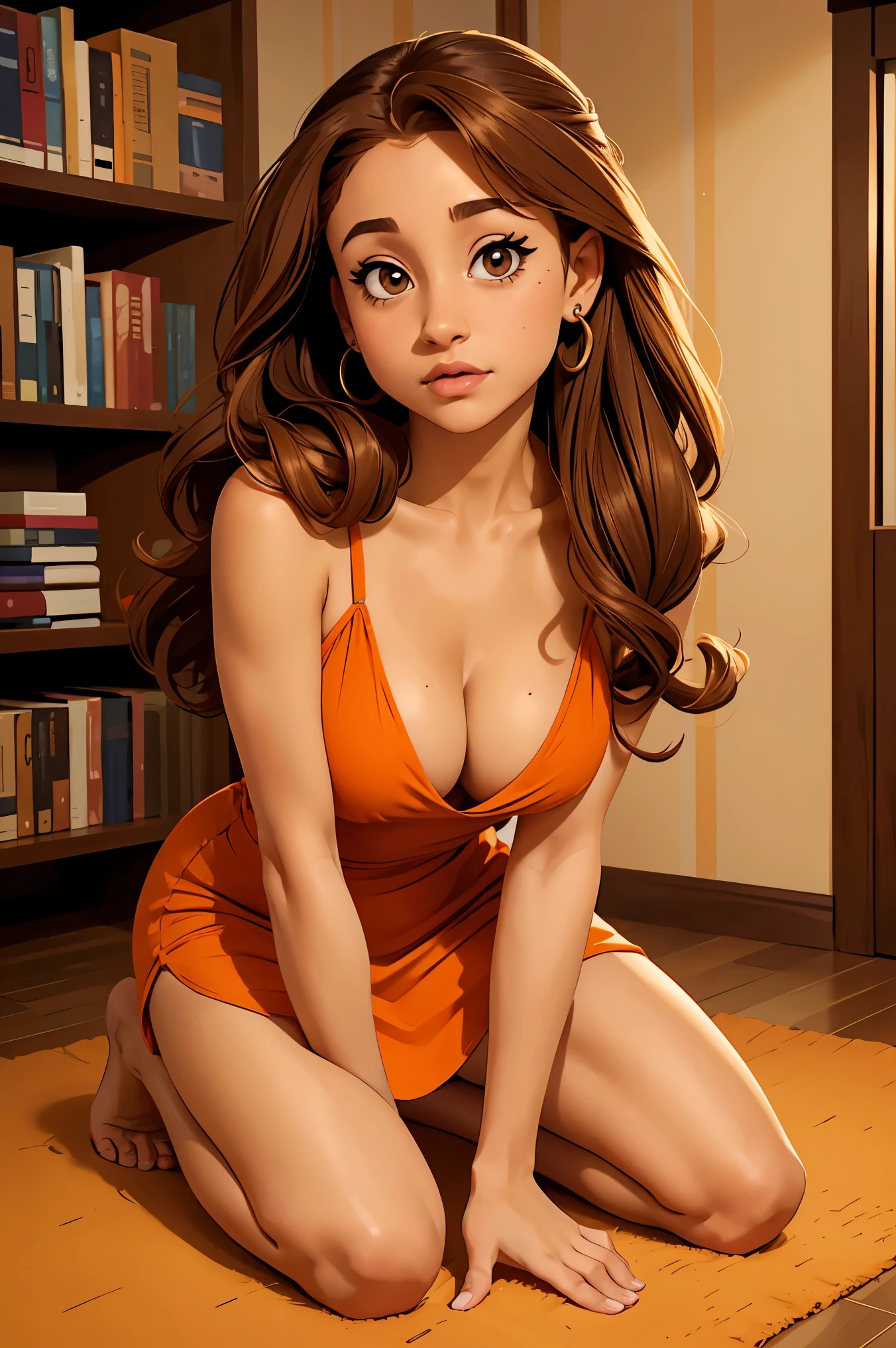 Ariana Grande, barefoot, Long brown hair, light brown eyes, orange mini dress, very low v neck dress, cleavage, room background, on her knees, front View, looking camera, sexy look